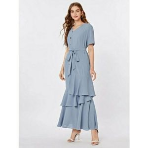 New Button Front Layered Flounce Hem Belted Dress